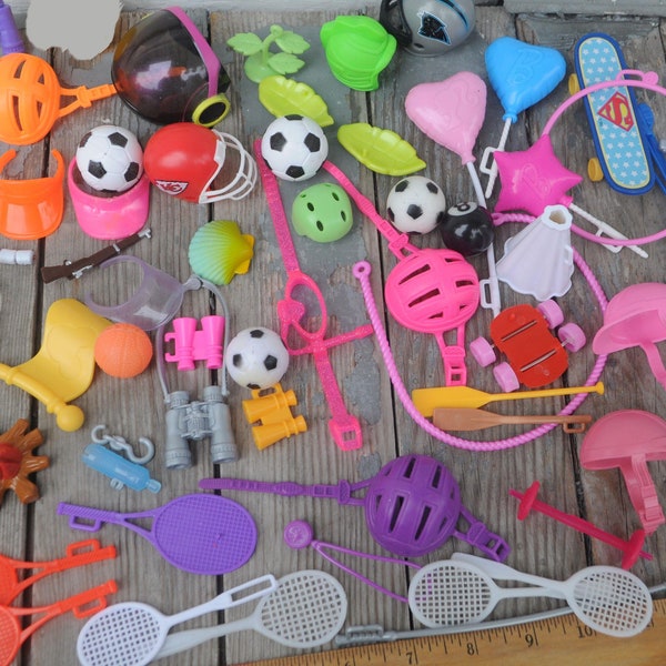 Lot Vintage 1980s / 1990s Sporty / Outdoorsy Barbie Accessories - Helmets, Visors, Fishing Poles, Soccer Balls, Tennis, Etc.