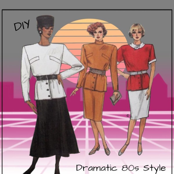 Vogue 9710 - Vintage 1980s Dramatic Retro Suits - Top / Jacket / Skirt - Size 8, 10, 12 - UNCUT - New Wave - Boxy