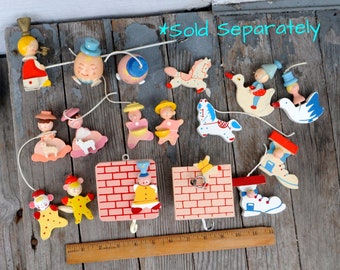 Vintage 1970s / 1980s IRMI Wooden / Hand-Painted Mobile Pieces - Nursery Rhyme / Mother Goose - Music Box - Cute / Kawaii Nursery Decor