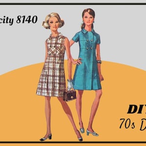 May include: An illustration of two women in 1970s dresses. One wears a plaid dress, the other a teal dress. The image includes the text "Simplicity 8140" and "DIY 70s Dress". The background is a gradient of grey and orange.