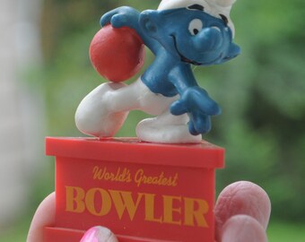 Vintage 1980s Smurfs Figurines by Schleich - 1980 - World's Greatest Bowler - Smurfagram - Cute / Kawaii Vinyl Miniatures - Schleich