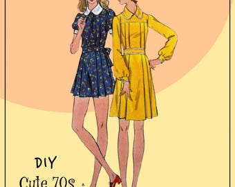 Butterick 6611 - DIY 1970s Dress - Seam Interest - Mini Skirt - Pleated / Pleats - Autumn - Boho - CUTE - Size 10 (Bust 32.5) - UNCUT