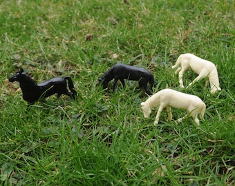 Vintage Plastic HORSES - Black or White - Farm Animals, Barnyard, Miniature, Tiny, Assemblage, Crafts, Model Railroad, Etc. - RETRO, Cute