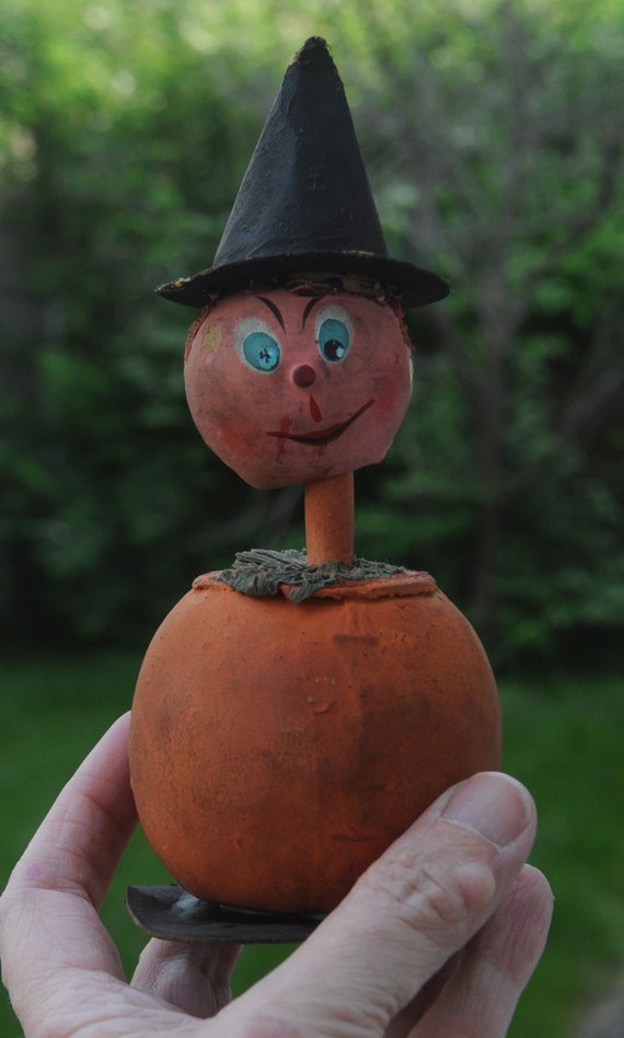 Antique German Halloween Witch Bobble head Pumpkin Head Bobblehead Papier Mache Extraordinarily Rare 1930s Vintage Candy Holder Etsy