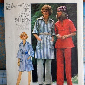 Simplicity 7250 Cute Easy Sew 1970s Dress, Tunic, Pants, Etc. Pockets, Boho / Hippie Size 10 Bust 32.5 UNCUT Shirtdress image 2