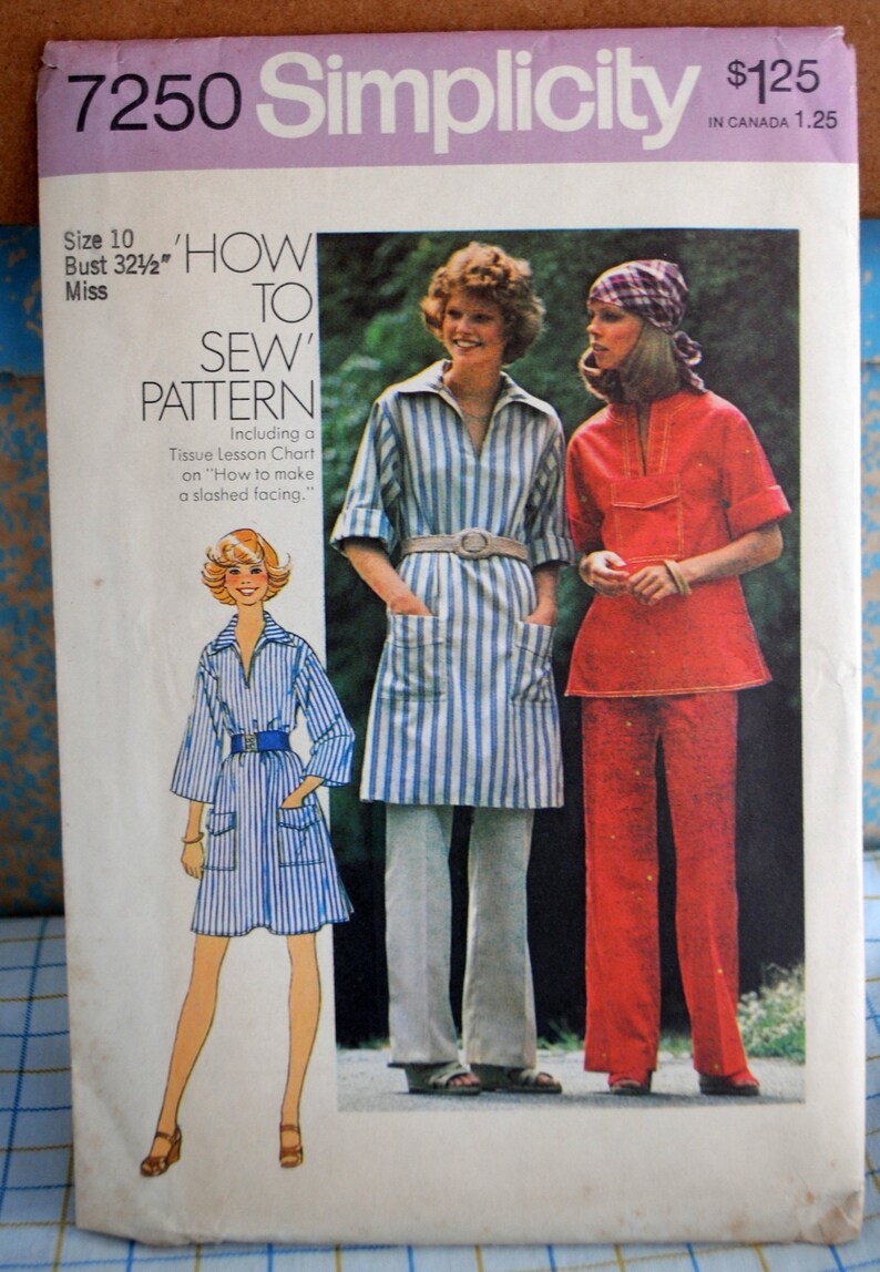 Simplicity 7250 Cute Easy Sew 1970s Dress, Tunic, Pants, Etc. Pockets, Boho / Hippie Size 10 Bust 32.5 UNCUT Shirtdress image 2