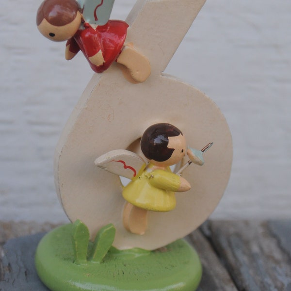 Vintage Wooden IRMI Cake Topper - Faries - Age 6 - SIX - Cute  Kawaii / Rare