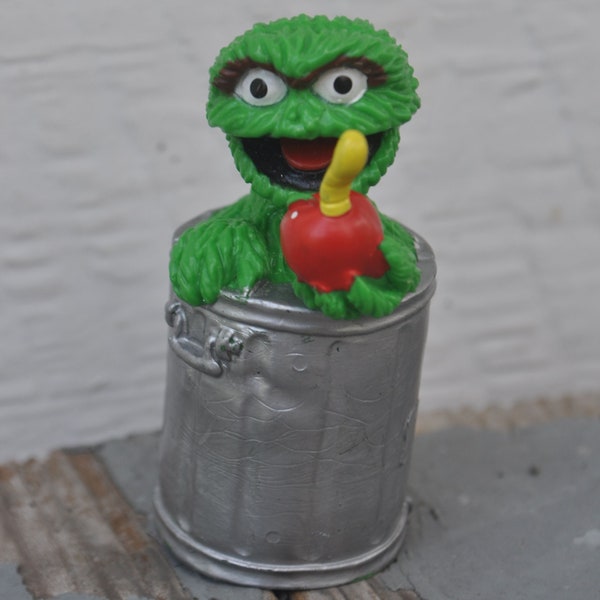 Vintage Sesame Street PVC Miniature - Oscar the Grouch - By Applause - Vintage 1980s / 1990s - Cake Topper - With Apple & Slimey the Worm
