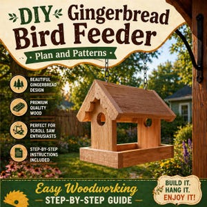 May include: A wooden DIY gingerbread bird feeder with a house-like design, hanging from a chain. The feeder has a rectangular base and circular openings. Text on the image reads "DIY Gingerbread Bird Feeder" and "Easy Woodworking - Step-by-Step Guide".