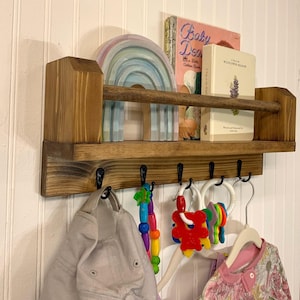 Nursery Bookshelf, Nursery Bookshelf with Hooks, Nursery Doll Shelf with Hooks, Children&#39;s Bookshelf,  Kid&#39;s Room Bookshelf