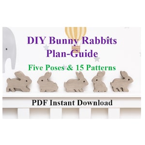 May include: A white background with the text "DIY Bunny Rabbits Plan-Guide" and "Five Poses & 15 Patterns". Five wooden bunny rabbit figurines are displayed on a white shelf. The text "PDF Instant Download" is also present.