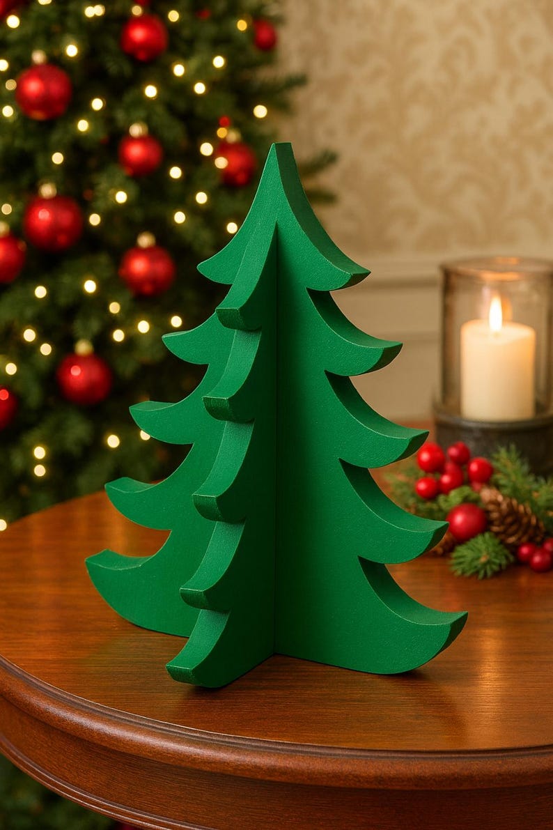 May include: A green, three-dimensional Christmas tree ornament. The tree is constructed from cut-out shapes and sits on a wooden table. A lit candle and a Christmas tree with red baubles are in the background.