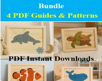 Diversión oceánica DIY: 4 guías de rompecabezas de vida marina - Descarga instantánea en PDF - Patrones de carpintería, rompecabezas para niños, proyecto de sierra de calar, patrones de sierra de calar