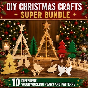 May include: A DIY Christmas Crafts Super Bundle featuring 10 different woodworking plans and patterns. The collection includes wooden Christmas trees, ornaments shaped like birds, doves, and reindeer, and a star-topped tree with string lights.