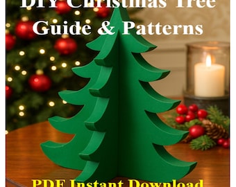 May include: A green, three-dimensional Christmas tree stands on a wooden surface. The image includes text that reads "DIY Christmas Tree Guide & Patterns" and "PDF Instant Download". A lit candle and Christmas tree with red baubles are in the background.