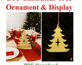 May include: Image showing DIY Christmas tree ornament and display ideas. A wooden tree ornament is on a table setting with candles, and a gold glitter tree ornament hangs from a branch. Text reads "DIY Christmas Tree Ornament & Display" and "PDF Download Guide and Patterns."