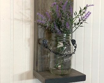 Country Elegance: Rustic Mason Jar Sconce with Wooden Shelf - Farmhouse Chic-Mason Jar Sconce-Rustic Farmhouse Sconce-Wooden Wall Sconce