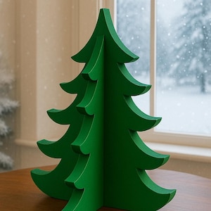 May include: A green wooden Christmas tree ornament. The tree has a solid, three-dimensional design with layered branches. It stands on a round, brown table in front of a window with a snowy outdoor scene.