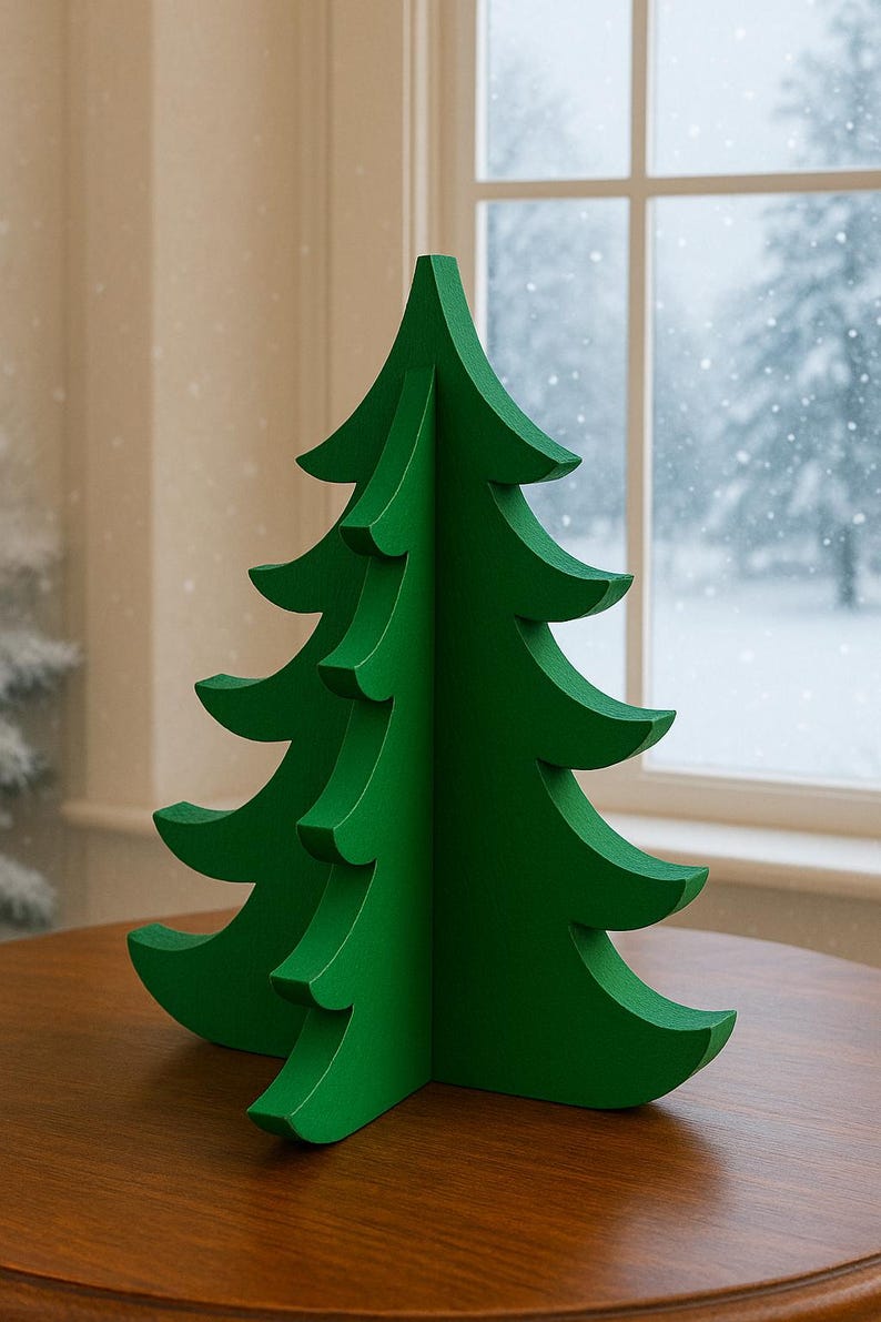 May include: A green wooden Christmas tree ornament. The tree has a solid, three-dimensional design with layered branches. It stands on a round, brown table in front of a window with a snowy outdoor scene.
