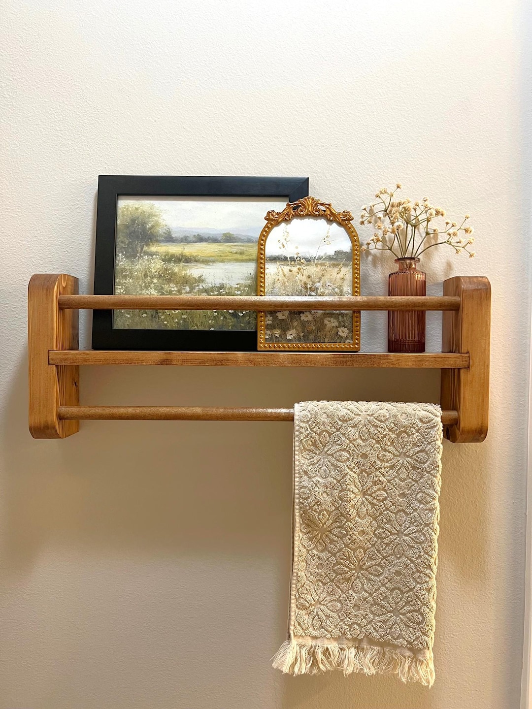 Rustic Bath Shelf With Towel Bar-stylish and Functional Bath Storage ...