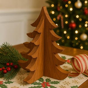 May include: A wooden Christmas tree ornament in a warm brown hue. The tree sits on a festive tablecloth with holly and snowflake patterns. A Christmas tree with baubles and lights is in the background.