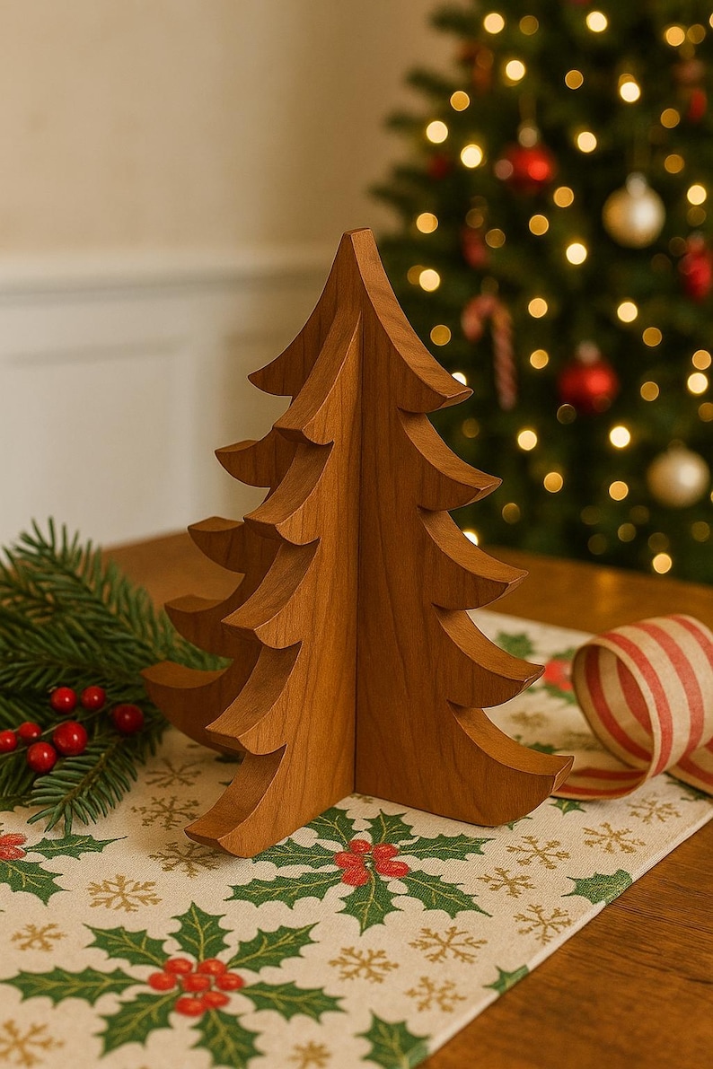 May include: A wooden Christmas tree ornament in a warm brown hue. The tree sits on a festive tablecloth with holly and snowflake patterns. A Christmas tree with baubles and lights is in the background.