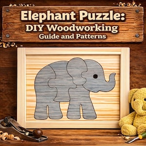 May include: Wooden elephant puzzle with a gray finish, displayed in a light wood frame. The sign above reads "Elephant Puzzle: DIY Woodworking Guide and Patterns". A yellow teddy bear and woodworking tools are in the background.