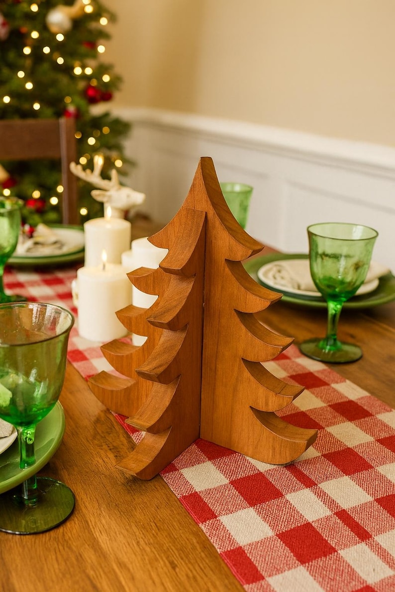 May include: A wooden Christmas tree ornament sits on a red and white checked table runner. The tree is made of light brown wood and has a layered design. Green glassware and candles are also on the table.