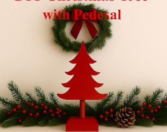 May include: A red wooden Christmas tree with a pedestal, surrounded by a green wreath and garland with red berries. The image includes the text "DIY Christmas Tree with Pedestal Guide and Patterns."