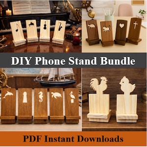 Könnte beinhalten: Eine Sammlung von Handyhaltern aus Holz mit verschiedenen Designs, darunter Noten, eine Geige und ein Saxophon. Andere Ständer zeigen Tiersilhouetten und ein Kreuz. Der Text "DIY Phone Stand Bundle" wird angezeigt.