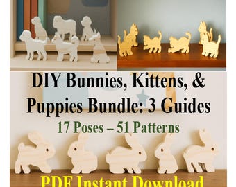 Coniglietti, gattini e cuccioli fai da te - 51 modelli - 3 download PDF, animali in legno, progetti di falegnameria, piani di falegnameria, modelli per traforo