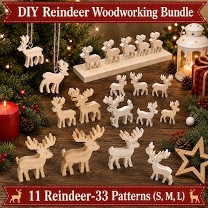 Peut inclure: Un ensemble de menuiserie DIY Reindeer Woodworking Bundle comprenant 11 figurines de rennes en tailles S, M et L. Le lot inclut diverses découpes de rennes en bois clair, certaines avec de la ficelle, et le texte DIY Reindeer Woodworking Bundle et 11 Reindeer-33 Patterns (S, M, L).