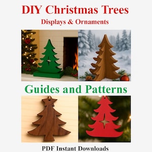 May include: Image featuring DIY Christmas tree displays and ornaments. Includes a green wooden tree, a brown wooden tree, a brown wooden ornament, and a red wooden ornament. Text reads "DIY Christmas Trees Displays & Ornaments", "Guides and Patterns", and "PDF Instant Downloads".