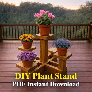 May include: A wooden plant stand with four levels, each holding a terracotta pot filled with colorful flowers. The flowers are pink, yellow, purple, and blue. The text "DIY Plant Stand PDF Instant Download" is at the bottom.