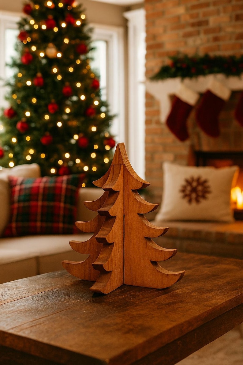 May include: A wooden Christmas tree ornament with a layered design, placed on a dark wooden table. The tree is in front of a decorated Christmas tree and a fireplace with stockings.