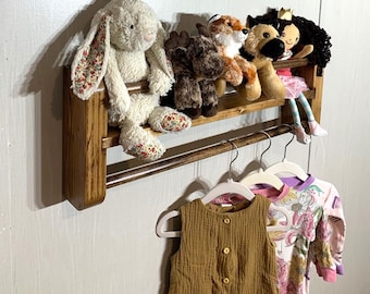 Nursery Bookshelf with Clothes Hanging Wood Rod, Children's Bookshelf, Kid's Room Shelf and Clothes Hanging, Nursery Bookshelves
