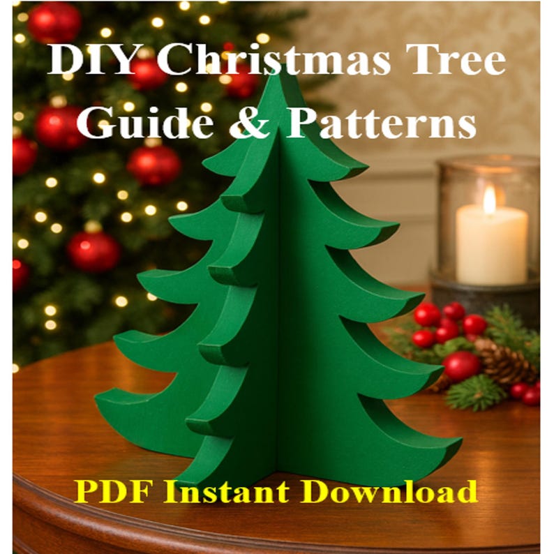 May include: A green, three-dimensional Christmas tree stands on a wooden surface. The image includes text that reads "DIY Christmas Tree Guide & Patterns" and "PDF Instant Download". A lit candle and Christmas tree with red baubles are in the background.