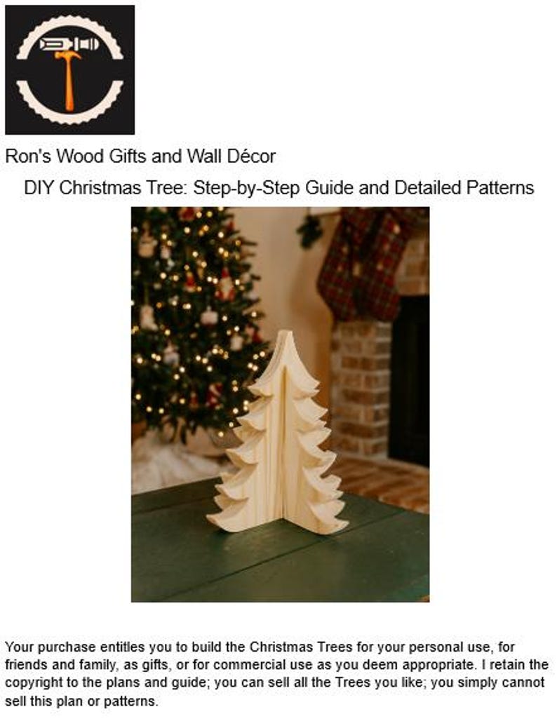 May include: A wooden Christmas tree decoration with a layered design. The tree is made of light-coloured wood and stands on a green surface. The image also includes text: "Ron's Wood Gifts and Wall D&eacute;cor" and "DIY Christmas Tree: Step-by-Step Guide and Detailed Patterns."