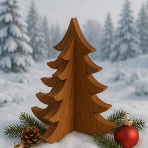 May include: A wooden Christmas tree stands in snow, surrounded by red and gold baubles, pine needles, and pine cones. The tree has a layered design and is made of light brown wood. The background features a snowy forest.