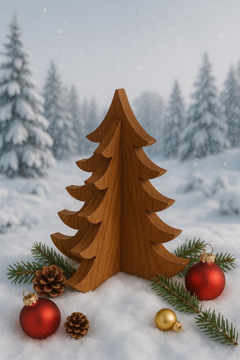 May include: A wooden Christmas tree stands in snow, surrounded by red and gold baubles, pine needles, and pine cones. The tree has a layered design and is made of light brown wood. The background features a snowy forest.