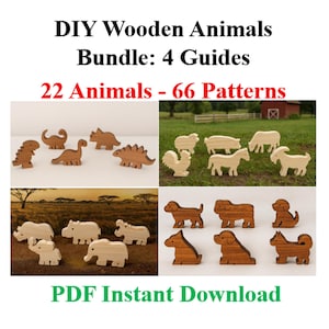 Kreativt träbearbetningslekpaket - 66 djurmönster + lättförståeliga guider, bondgård, safari, valpar och dinosaurier, PDF-guider, rullsågsprojekt