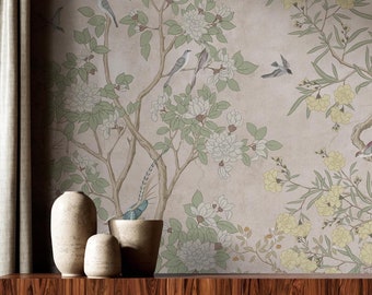 Chinoiserie Bird Floral Wallpaper Mural, Vintage Botanical Birds Blossom Wall Art, Peel Stick- Traditional