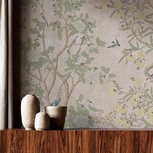 Chinoiserie Peel and Stick Tapete mit Vögeln, Vintage Chinoiserie Botanische Tapete Wandbild, Tapete mit Vögeln und Blumen