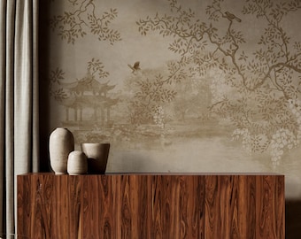 Vintage Tree Landscape Wallpaper Mural – Rustic Countryside Forest Wall Art – Peel & Stick or Traditional