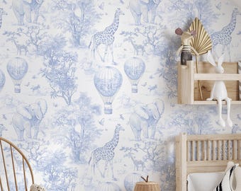 Papel pintado de toile azul – Animales de safari, papel pintado autoadhesivo para habitación infantil