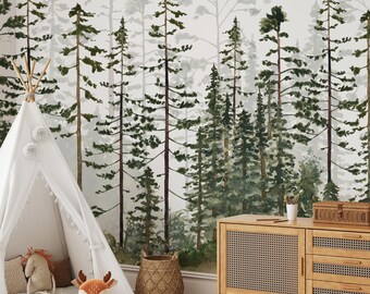 Pine Tree Forest Wallpaper Mural – Scandinavian Woodland Wall Art ...