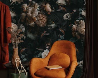 Vintage Dark Peony Wallpaper, Moody Floral Wall Mural, Peel and Stick