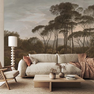 Scenic Wallpaper Peel and Stick, Rural Landscape Wall Mural, Vintage Forest Painting Wallpaper, Rural Painting Wallpaper