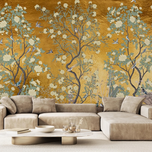 Chinoiserie Floral Wallpaper Green Background Elegant Blossom and ...