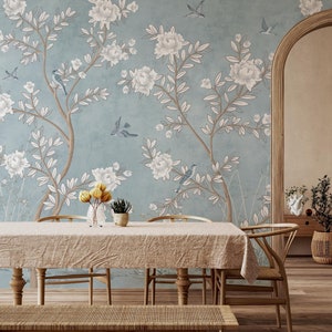 Chinoiserie Peel and Stick Wallpaper with Birds, Vintage Chinoiserie Botanical Wallpaper Mural, Wallpaper With Birds and Flower